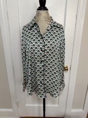 H&M Geometric Print Button-Down Blouse - Green & White